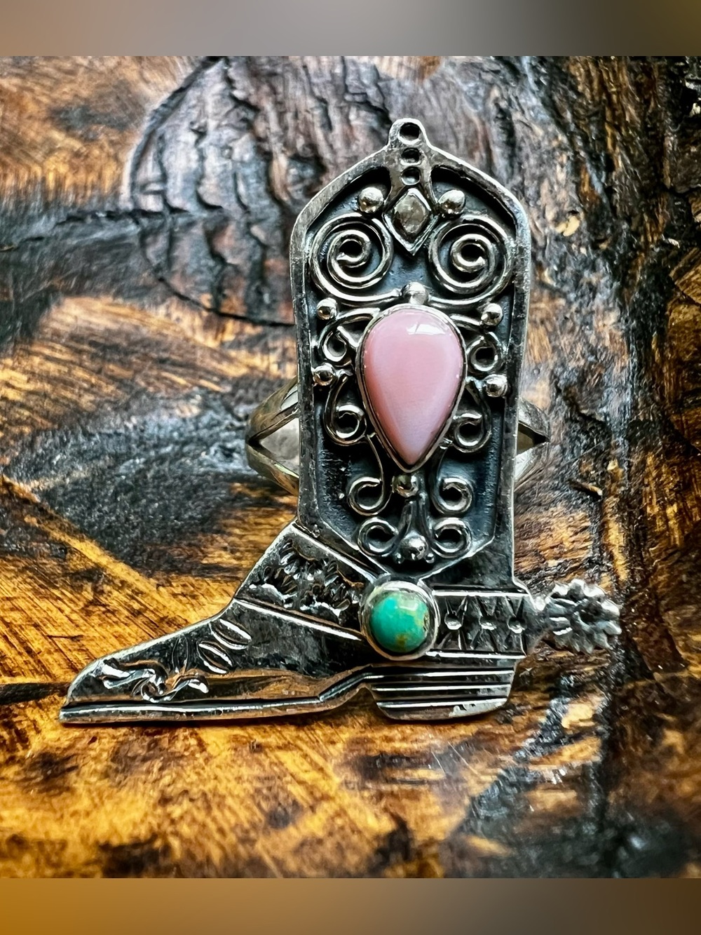 Sterling Silver Pink Conch Cowboy Boot Ring Size 7.5 Kingman Turquoise